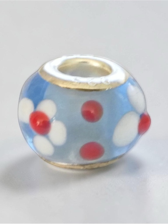 Jewelry - Sterling Blue Glass Flower Bead Charm - Red & White Accent